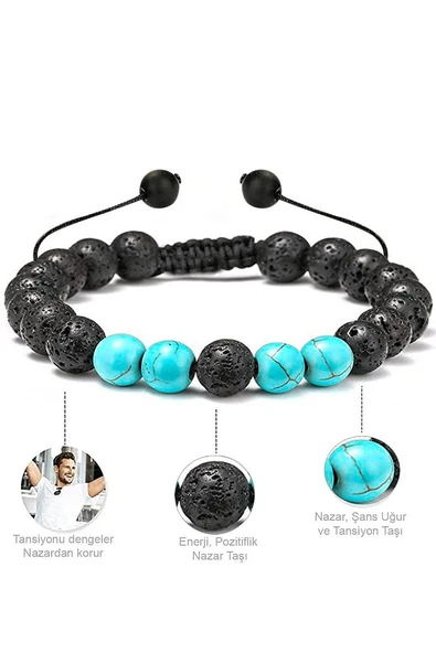 Sertifikalı Doğal Turkuaz Volkanik Lav Taşı Doğal Taş Bileklik Seti - Resim 4