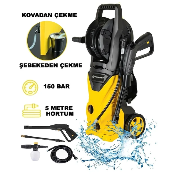Elektrikli 150 Bar Musluk ve Kovadan Su Çekme Yüksek Basınçlı Bahçe, Oto Yıkama Makinesi (Sarı) PH271 - 3