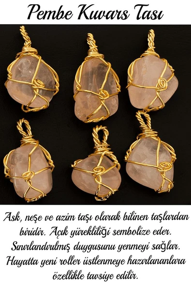Sertifikalı Tel Sargılı Pembe Kuvars Taşı Kolye - Altın Kaplama - Resim 2