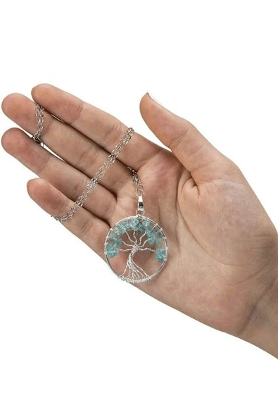 Sertifikalı Doğal Akuamarin Taşı Hayat Ağacı Kolye - Resim 5