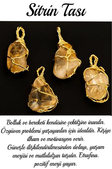 Sertifikalı Tamburlanmış Tel Sargılı Sitrin Taşı Kolye - Altın Kaplama - Resim 2