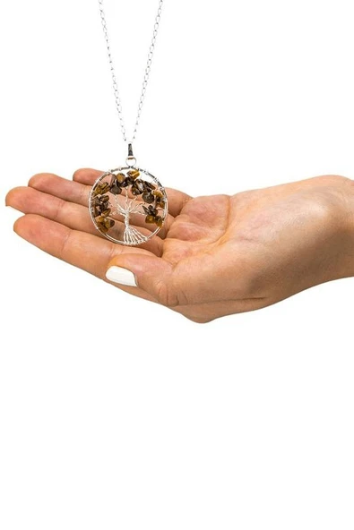 Sertifikalı Doğal Kaplan Gözü Taşı Hayat Ağacı Kolye - Resim 3