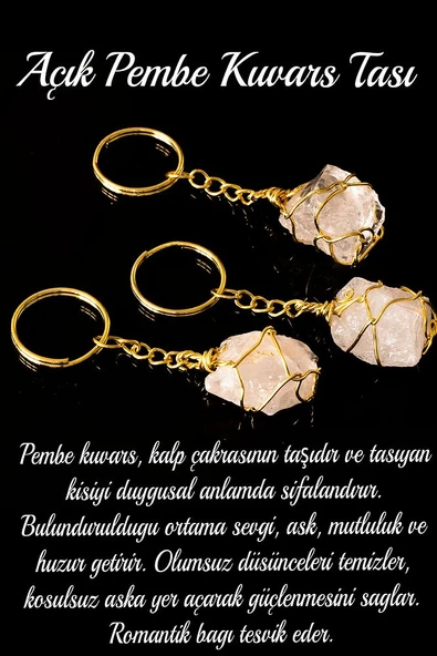 Sertifikalı Gerçek Tel Sargılı Ham Işlenmemiş Pembe Kuvars Taşı Anahtarlık (ALTIN KAPLAMA) - 2