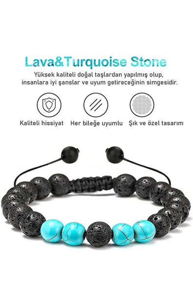Sertifikalı Doğal Turkuaz Volkanik Lav Taşı Doğal Taş Bileklik Seti - Resim 3