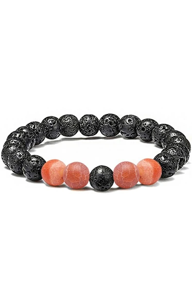 Sertifikalı Doğal Turuncu Buz Akik Taşı Volkan Lav Taşı Doğal Taş Bileklik Seti - Resim 3