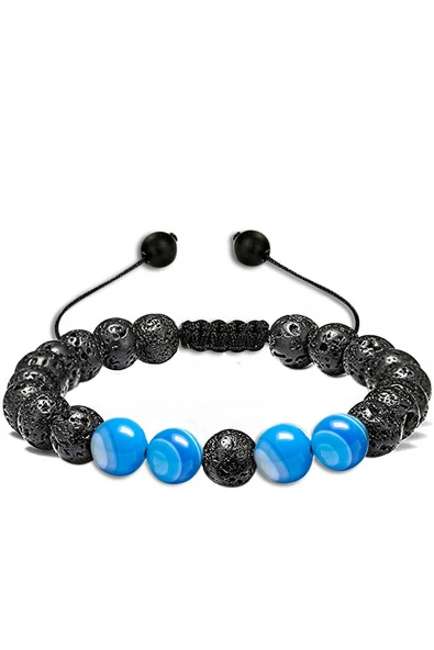 Sertifikalı Doğal Mavi Akik Volkanik Lav Taşı Doğal Taş Bileklik Seti - Resim 2