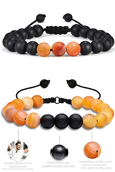 Sertifikalı Doğal Turuncu Akik Oniks Taşı Doğal Taş Bileklik Seti - Resim 2
