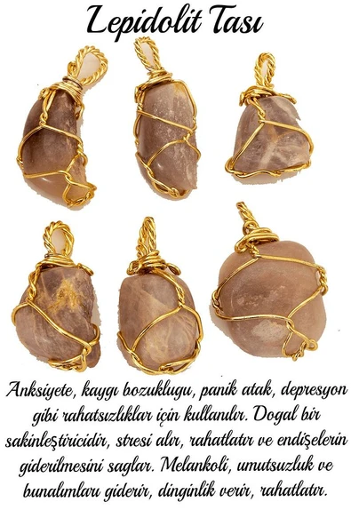 Sertifikalı Tel Sargılı Ham Lepidolit Taşı Kolye - Altın Kaplam - Resim 2
