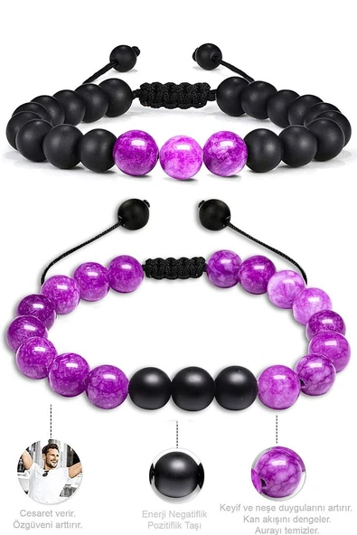 Sertifikalı Doğal Meksika Ametist Oniks Taşı Doğal Taş Bileklik Seti - Resim 2