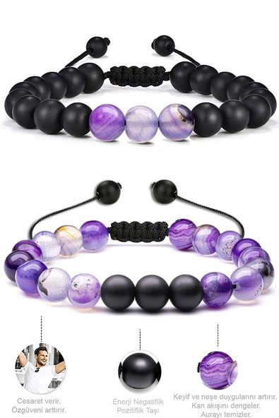Sertifikalı Doğal Ametist Oniks Taşı Doğal Taş Bileklik Seti - Resim 2