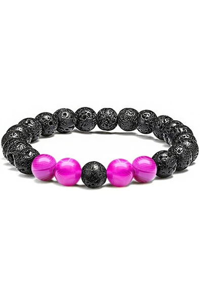 Sertifikalı Doğal Pembe Akik Lav Taşı Doğal Taş Bileklik Seti - Resim 3