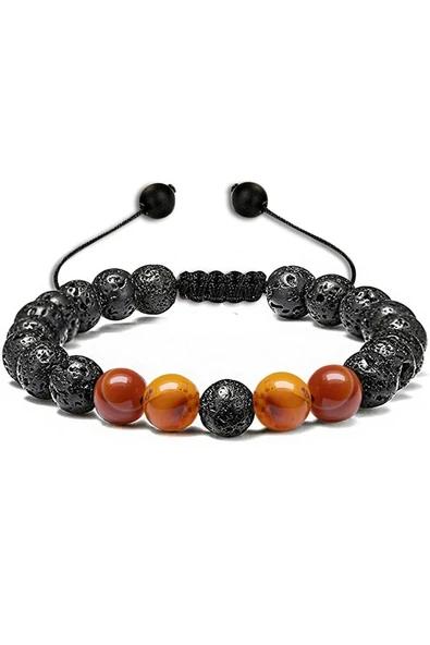 Sertifikalı Doğal Turuncu Akik Taşı Volkan Lav Taşı Doğal Taş Bileklik Seti - Resim 3