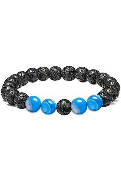 Sertifikalı Doğal Mavi Akik Volkanik Lav Taşı Doğal Taş Bileklik Seti - Resim 3