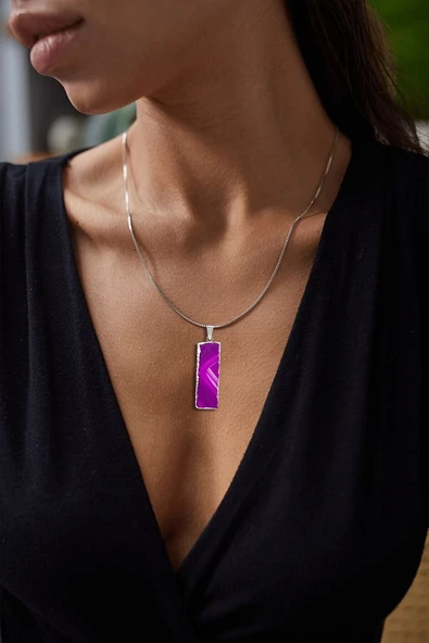 Sertifikalı Doğal Ametist Taşı Plaka Doğal Taş Kolye - Resim 3