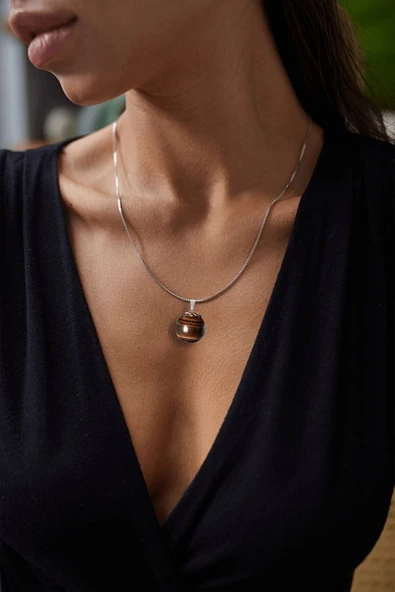 Doğal Kahverengi Akik Taşı Kolye - Resim 3