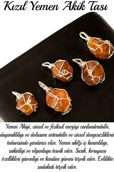Sertifikalı Gümüş Tel Sargılı Doğal Kızıl Yemen Akik Taşı Kolye – 20-25 mm Koruma ve Denge Taşı - Resim 2
