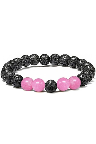 Sertifikalı Doğal Pembe Kuvars Volkanik Lav Taşı Doğal Taş Bileklik Seti - Resim 3