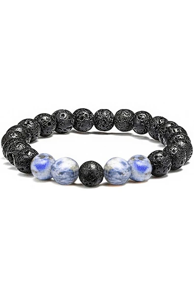 Sertifikalı Doğal Sodalit Volkanik Lav Taşı Doğal Taş Bileklik Seti - Resim 2
