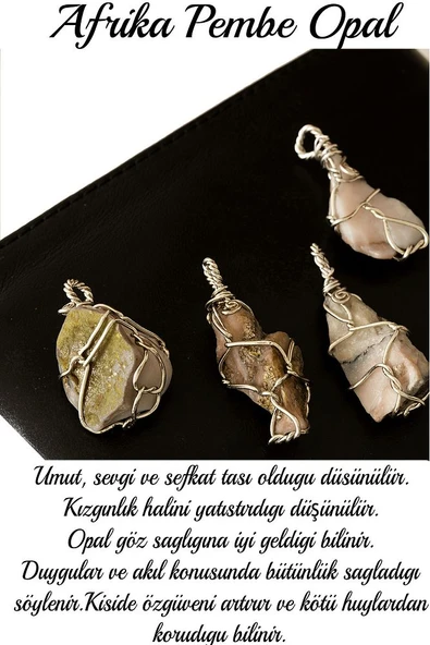 Sertifikalı Ham Işlenmemiş Tel Sargılı Afrika Pembe Opal Taşı Kolye - Resim 2