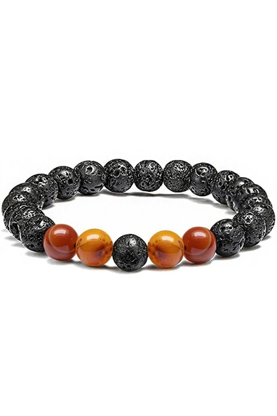 Sertifikalı Doğal Turuncu Akik Taşı Volkan Lav Taşı Doğal Taş Bileklik Seti - Resim 2