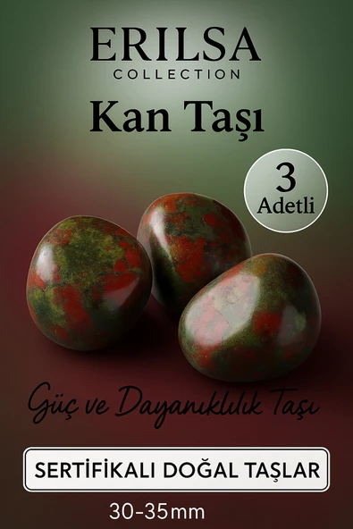 Sertifikalı Doğal Kan Taşı (Heliotrop) Kütle – 3 Adetli Güç ve Dayanıklılık Taşı 30-35 mm ürün görseli