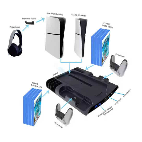 Ozmik PS5Slim için çok fonksiyonlu soğutma fanı taban+disk depolama raf kolu ile çift kanca - 4