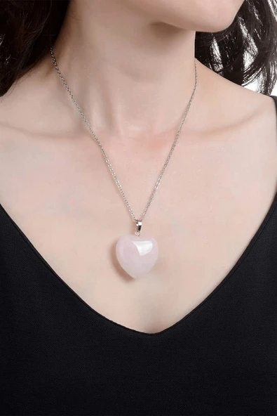 Sertifikalı Kalp Model Gerçek Pembe Kuvars Taşı Kolye - Resim 3