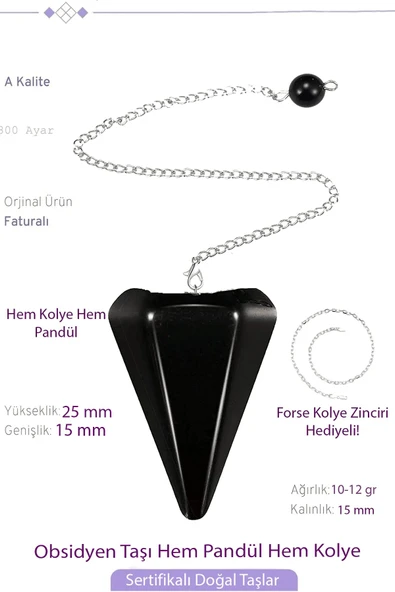 Sertifikalı Obsidyen Taşı Pandül Sarkaç Hem Pandül - Hem Kolye