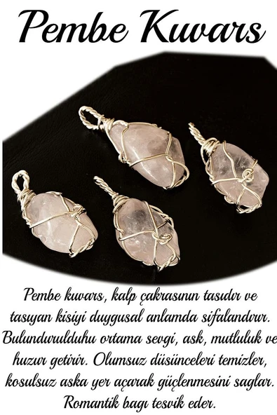 Sertifikalı Gümüş Tel Sargılı Pembe Kuvars Taşı Kolye – 25-30 mm Sevgi ve Şefkat Taşı - Resim 2