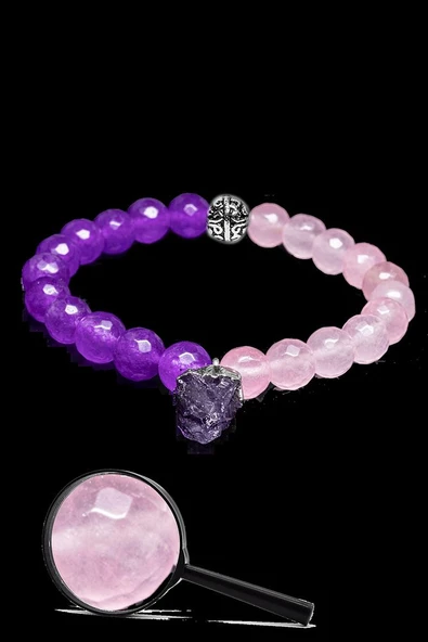 Sertifikalı Gümüş Aparatlı Doğal Pembe Kuvars Mor Akik Taşı Bileklik - Ametist Sallantı - Resim 2