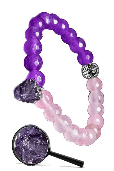 Sertifikalı Gümüş Aparatlı Doğal Pembe Kuvars Mor Akik Taşı Bileklik - Ametist Sallantı ürün görseli