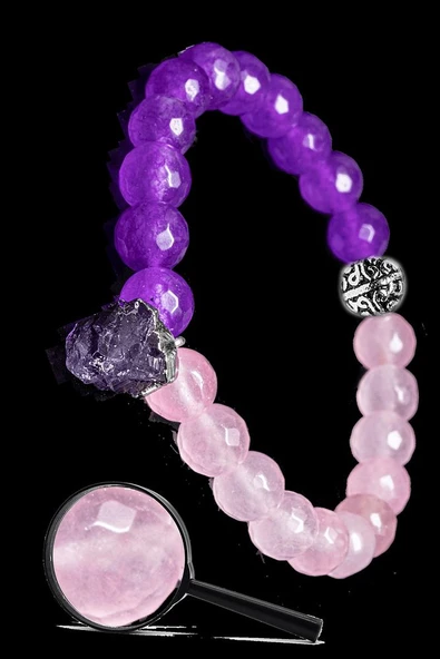 Sertifikalı Gümüş Aparatlı Doğal Pembe Kuvars Mor Akik Taşı Bileklik - Ametist Sallantı - Resim 3