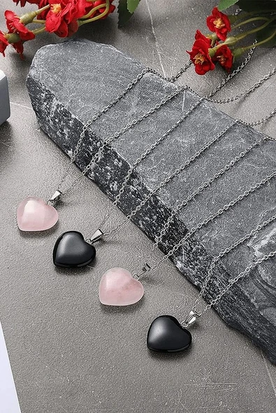 Sertifikalı Kalp Model Pembe Kuvars-obsidyen Doğal Taş Çift Sevgili Kolyeleri - Resim 2