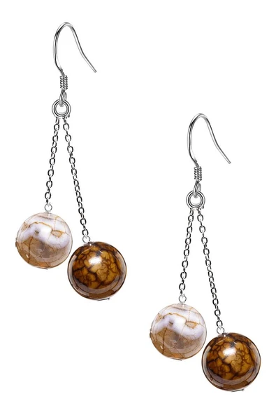 Sertifikalı Doğal Kahverengi Beyaz Tibet Akik Taşı Gümüş Küpe ürün görseli