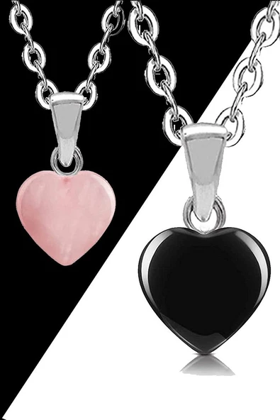 Sertifikalı Kalp Model Pembe Kuvars-obsidyen Doğal Taş Çift Sevgili Kolyeleri ürün görseli