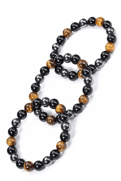 Sertifikalı Aaa Kalite Trio Enerji Doğal Kaplan Gözü Obsidyen Hematit Taşı Bileklik - Resim 3