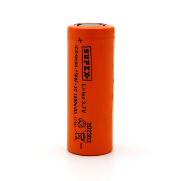 SUPEX 18500 3.7 VOLT 1500MA 10C PİL DÜZ KAFA - 1