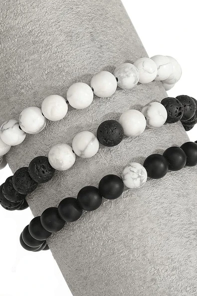 Sertifikalı Aaa Kalite Gerçek Havlit Oniks Lav Taşı Üçlü Bileklik Seti - Resim 2