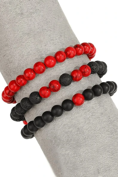 Sertifikalı Gerçek Kırmızı Havlit Oniks Lav Taşı Üçlü Bileklik Seti - Resim 2