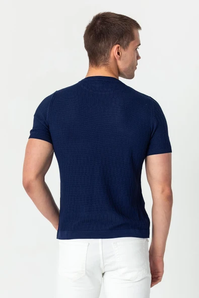 Erkek Bisiklet Yaka Kendinden Desenli Viscon Elit  İplikten Triko T-shirt - 9