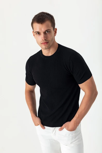 Erkek Bisiklet Yaka Kendinden Desenli Viscon Elit  İplikten Triko T-shirt - 6