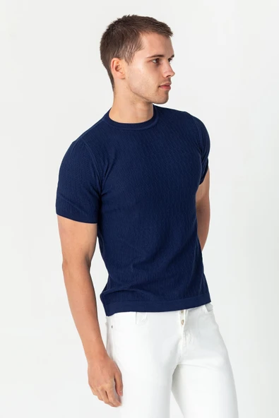 Erkek Bisiklet Yaka Kendinden Desenli Viscon Elit  İplikten Triko T-shirt - 11