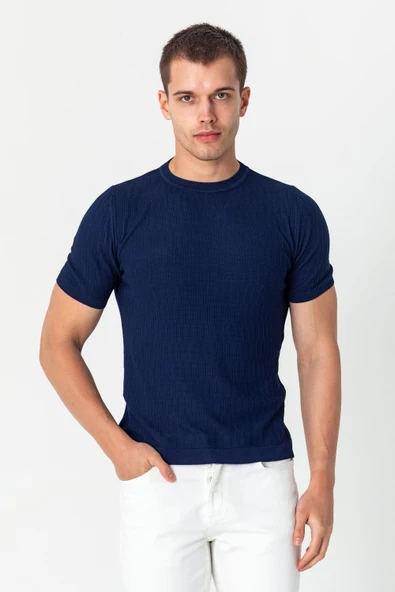 Erkek Bisiklet Yaka Kendinden Desenli Viscon Elit  İplikten Triko T-shirt - 7