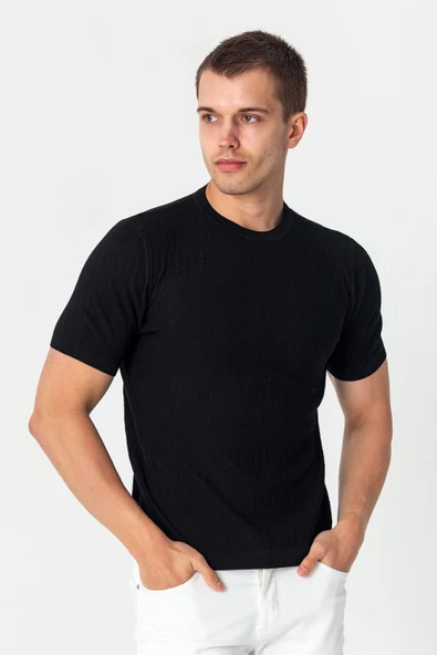 Erkek Bisiklet Yaka Kendinden Desenli Viscon Elit  İplikten Triko T-shirt