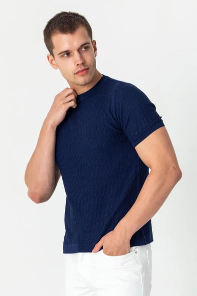 Erkek Bisiklet Yaka Kendinden Desenli Viscon Elit  İplikten Triko T-shirt - 10