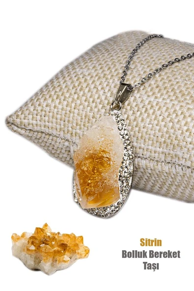 Gümüş Aparat Doğal Sitrin Taşı Kolye - Resim 2