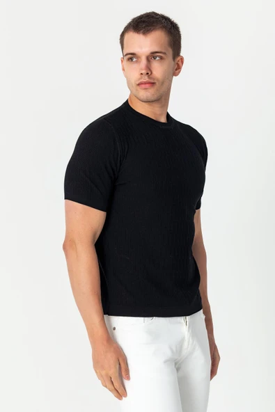 Erkek Bisiklet Yaka Kendinden Desenli Viscon Elit  İplikten Triko T-shirt - 4