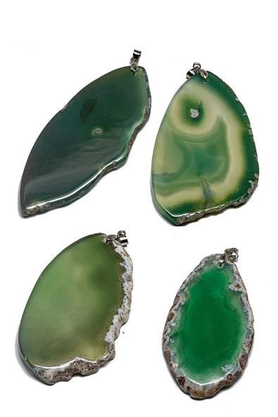 Sertifikalı Gümüş Aparatlı Doğal Yeşil Akik Taşı Plaka Kolye - Resim 2