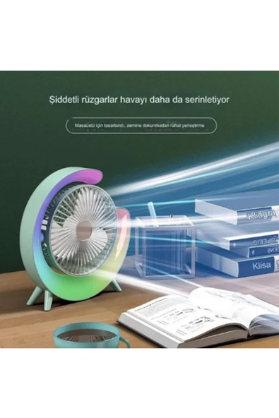 Masaüstü Vantilatör Usb Şarjlı Rgb Led Işıklı 3 Kademeli 180° Ayarlanabilir Soğutucu Fan Yeşil - 5