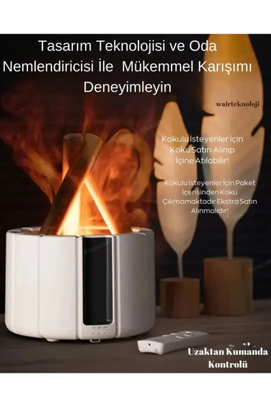 250 Ml Alev Görüntülü Bonfire Oda Nemlendirici Şık Tasarım Uzaktan Kumanda Kontrollü Beyaz - 2